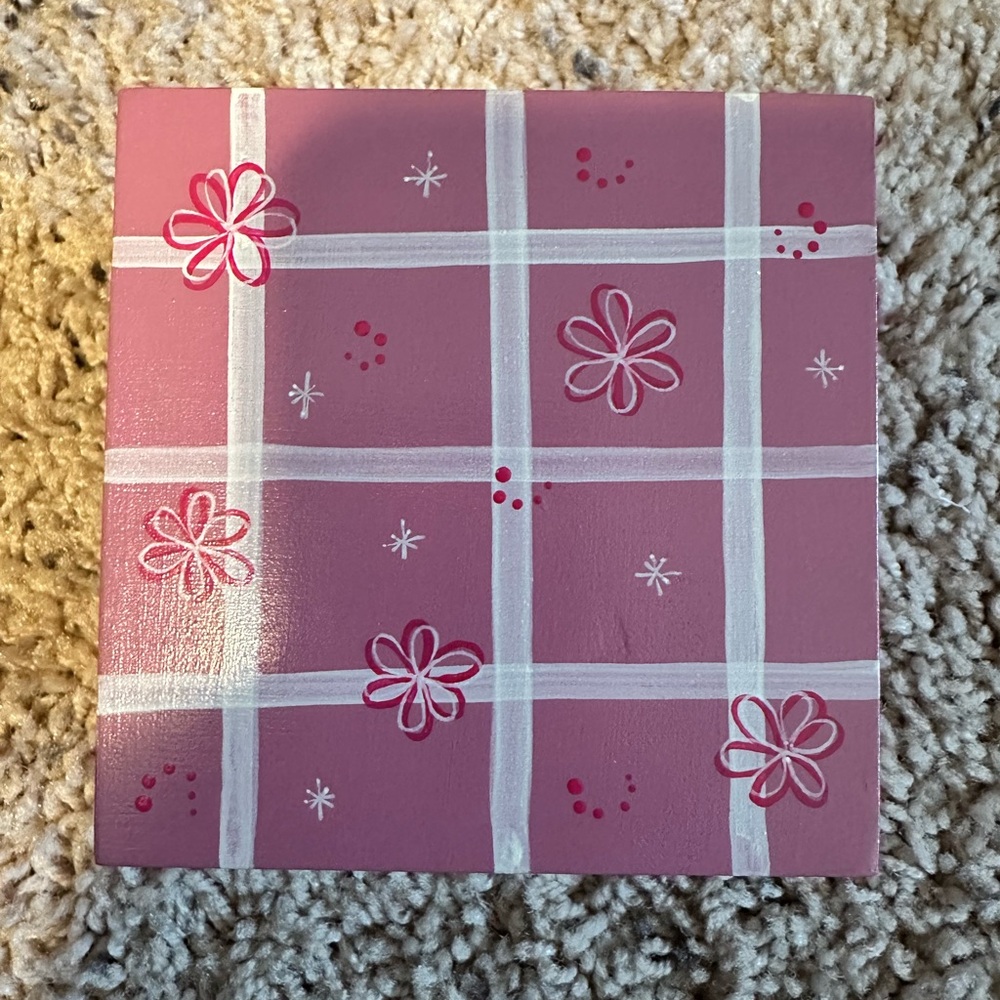 Pink and White Floral Plaid wooden trinket  jewelry storage box